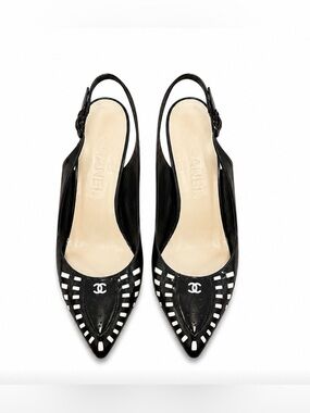 CHANEL Black & White Logo Slingback Heels 36.5